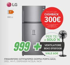 LG - Frigorifero GTF916PZPED Doppia Porta Maxi, 592L, Wi-Fi, Dispenser Acqua, Inox