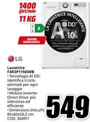 LG - F4R3P11NSWB Lavatrice 11Kg AI DD, Classe A-10%, 1400 giri, Vapore