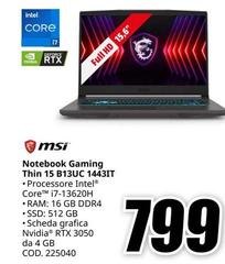 Msi - Notebook Gaming Thin 15 B13UC 14431T