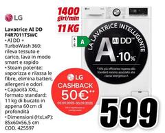 LG - F4R7011TSWC AI DD Lavatrice 11kg AI DD, Classe A-10%, 1400 giri, Turbowash, Vapore