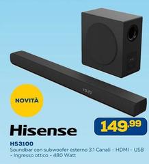 Hisense - Soundbar con subwooferesterno 3.1 canali - HDMI - USB - Ingresso ettico - 480 Watt