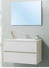 Mobile Da Bagno Sospeso Santorini Con Frontali Cannettati Bianco Lucido E Laterali Rovere Ghiaccio