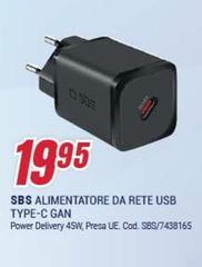 Sbs - Alimentatore Da Rete Usb Type-C Gan