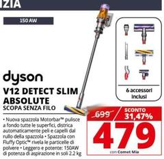 Dyson - V12 Detect Slim Absolute Aspirapolvere A Bastone 2 In 1 Batteria Secco Senza Sacchetto Nichel, Giallo