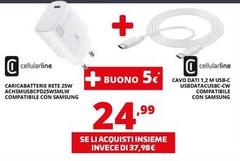 Cellularline - Caricabatterie Rete 25W ACHSMUSBCPD25WSMLW  + Cavodati 1,2 M Usb-C USBDATACUSBC-CW 