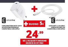 Cellularline - Caricabatterie Rete 120 W ACHIPHUSBCPD20SMLW + Cavo Dati 1,2 M Usb-C USBDATACUSBC-CW 