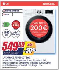 LG - FOP3020TSWC Lavatrice 10 An, 1200 Giri, Vapore