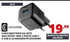 Cellularline - Caricabatterie Da Rete Gan Entry 30W 2 Porte Usb-C E USB-AACHGANENTRY2PD30WK