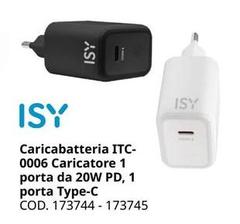 Isy Caricabatteria Itc- 0006 Caricatore 1 Porta Da 20w Pd, 1 Porta Type-C