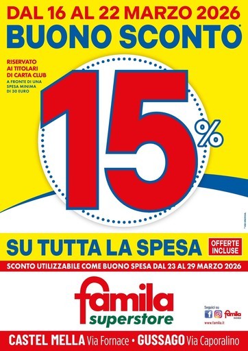 Famila Superstore - BUONO SCONTO 15% su tutta la spesa!