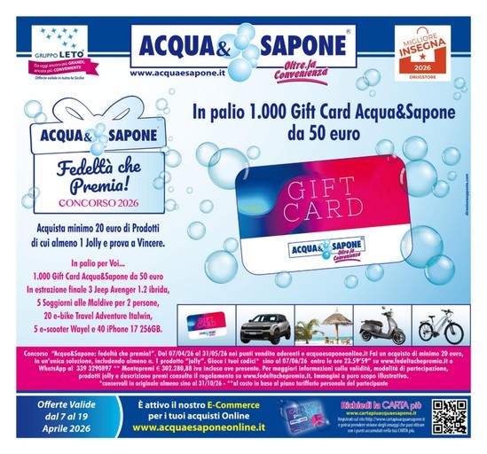 Acqua e Sapone - In palio 1 000 gift card acqua & sapone da 50 euro